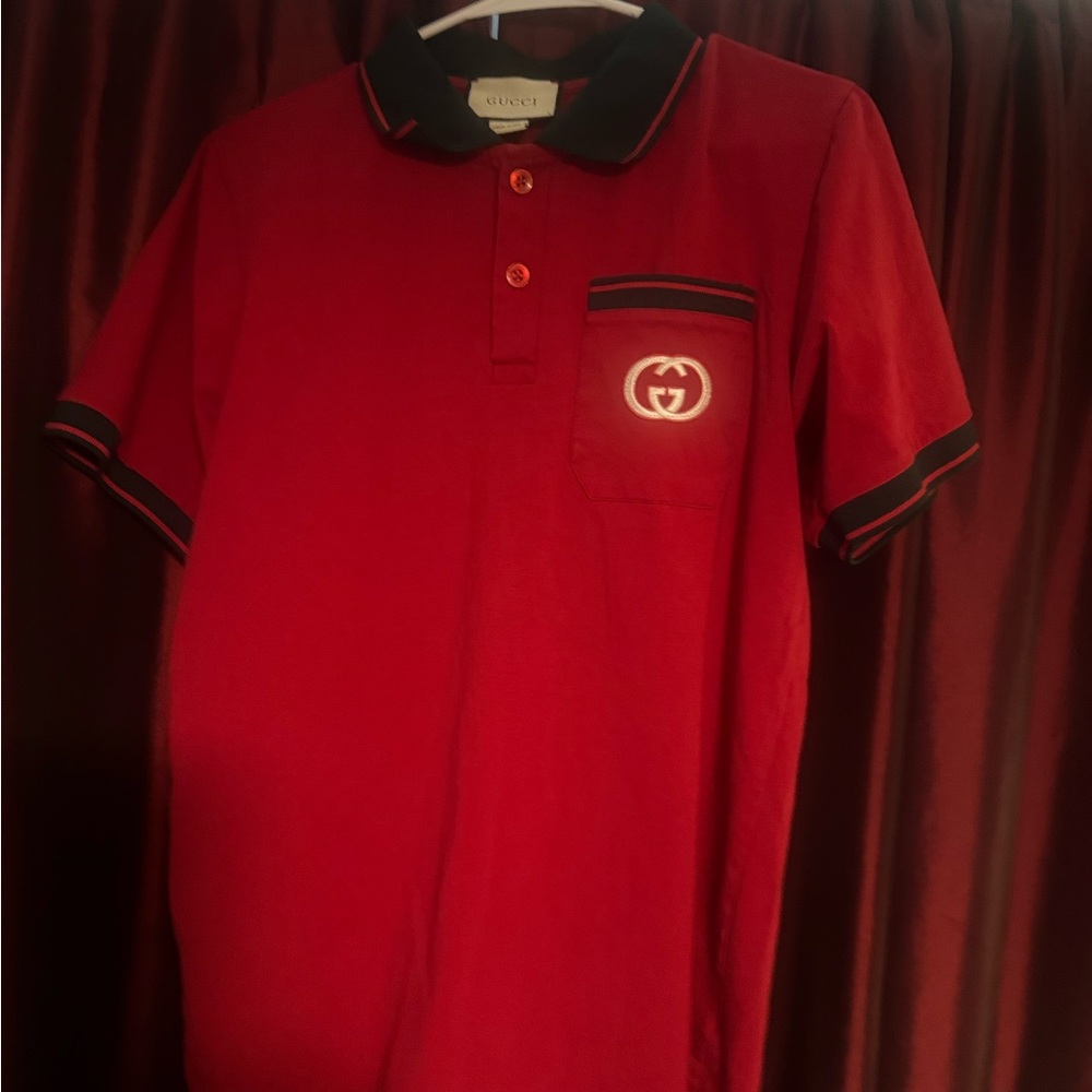 Gucci Red Polo with Blue Trim Collar and Pocket GG Emblem